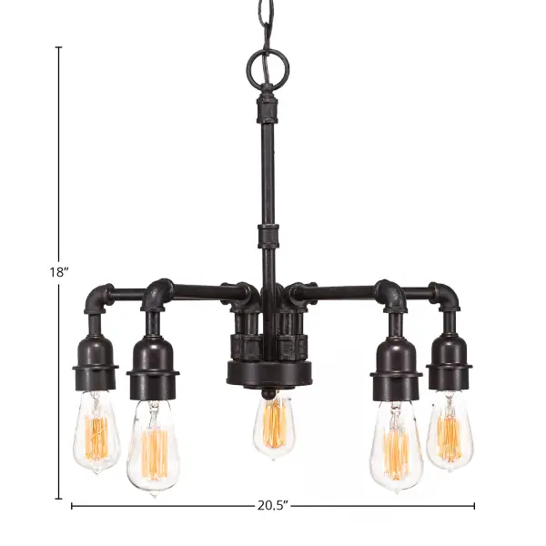 This 5-light chandelier combines industrial styling with vintage warmth through its Dark Granite finish and included amber antique bulbs. The adjustable height and downlight design make it versatile for various spaces. - alternate view