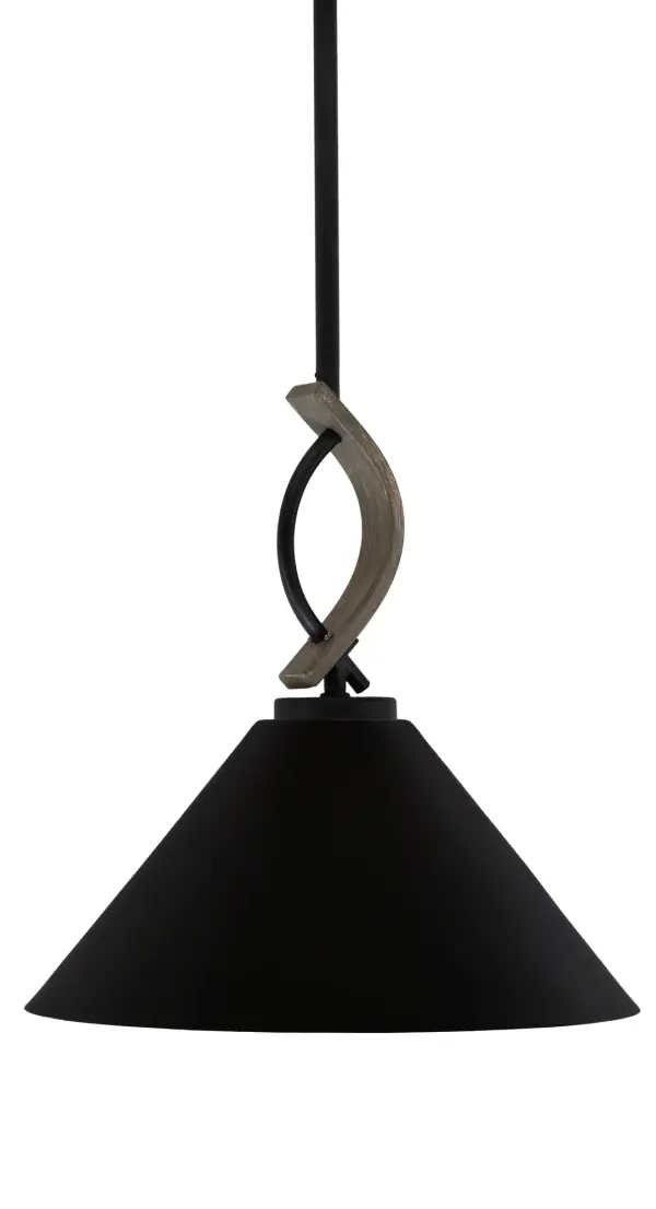 The Monterey Mini Pendant combines matte black metal with distressed wood-look detailing for authentic rustic appeal. Its 14" cone shade and adjustable stem height make it ideal for kitchen islands and dining areas.