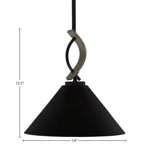 The Monterey Mini Pendant combines matte black metal with distressed wood-look detailing for authentic rustic appeal. Its 14" cone shade and adjustable stem height make it ideal for kitchen islands and dining areas. - alternate view