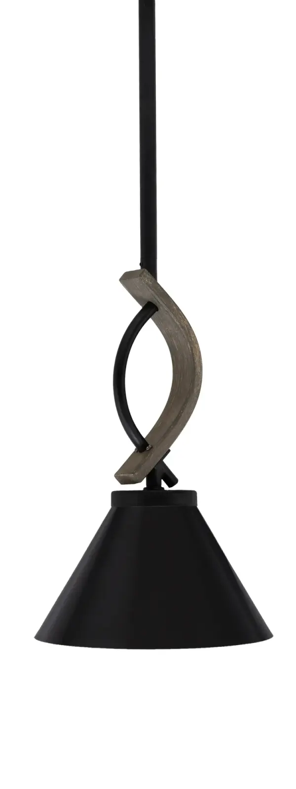 The Monterey Mini Pendant combines rustic distressed wood-look metal with matte black finish for versatile farmhouse-industrial style. At 7" wide, it's ideal for task lighting or clustered installations over islands and bars.