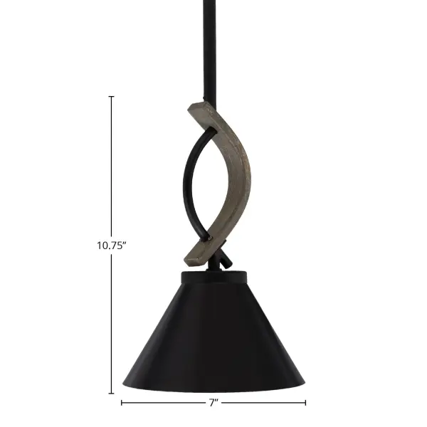 The Monterey Mini Pendant combines rustic distressed wood-look metal with matte black finish for versatile farmhouse-industrial style. At 7" wide, it's ideal for task lighting or clustered installations over islands and bars. - alternate view