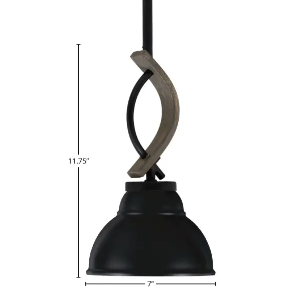 The Monterey Mini Pendant combines matte black metal with distressed wood-look accents for authentic farmhouse appeal. Its compact 7-inch shade and adjustable stem make it ideal for kitchen islands and dining nooks. - alternate view