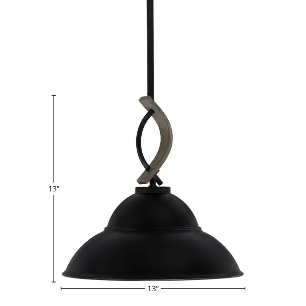 The Monterey Mini Pendant combines matte black metal with distressed wood-look accents for a distinctive rustic-industrial aesthetic. Its 13-inch double bubble shade provides focused downlight, while adjustable stem sections allow customization from 16 to 61 inches. Perfect for kitchen islands, dining areas, or entryways seeking character and warmth. - alternate view