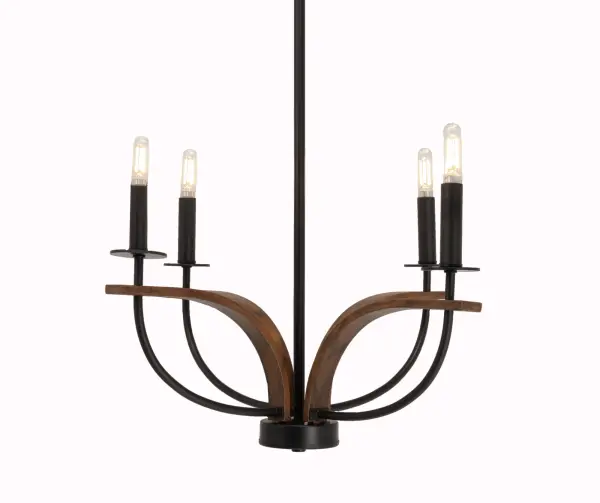 The Monterey 4-Light Chandelier blends rustic wood-look detailing with matte black metal for a striking farmhouse-industrial aesthetic. At 20.25" wide, it's perfectly sized for medium dining rooms and entryways, offering adjustable height and sloped ceiling compatibility.