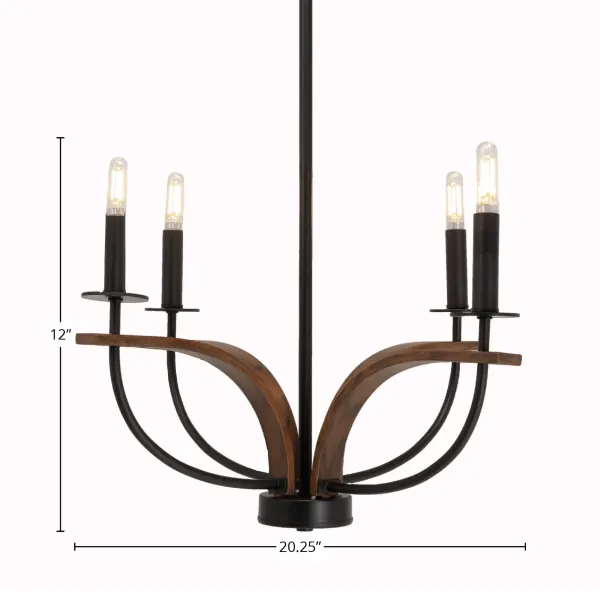 The Monterey 4-Light Chandelier blends rustic wood-look detailing with matte black metal for a striking farmhouse-industrial aesthetic. At 20.25" wide, it's perfectly sized for medium dining rooms and entryways, offering adjustable height and sloped ceiling compatibility. - alternate view