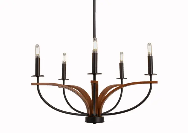 The Monterey 5-Light Chandelier combines rustic charm with contemporary style through its matte black and wood-look finish. Perfect for medium-sized spaces, it offers adjustable height and works on sloped ceilings.