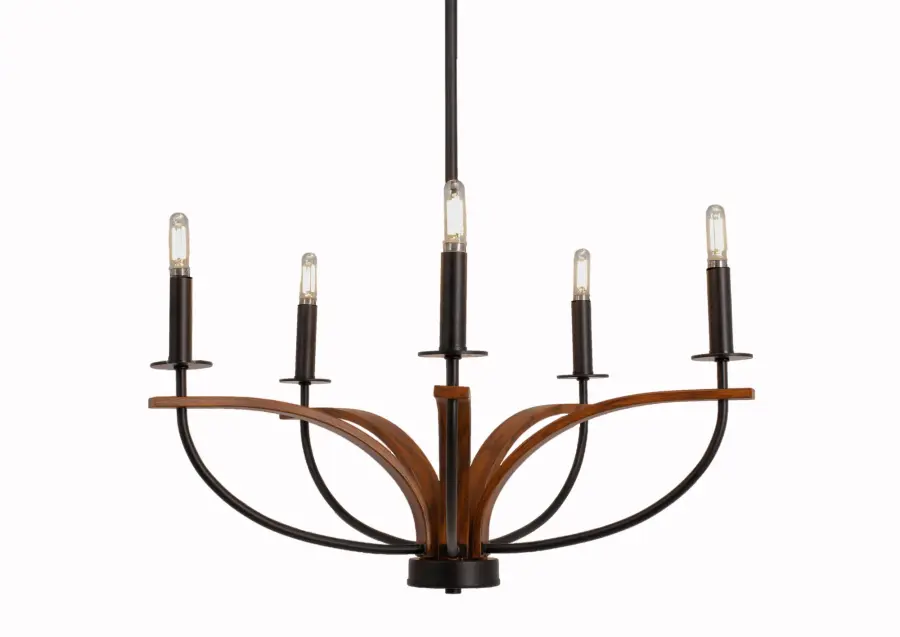 Monterey 5-Light Uplight Chandelier in Matte Black & Wood-Look - Image 1