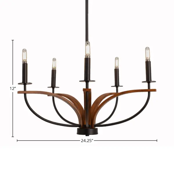 The Monterey 5-Light Chandelier combines rustic charm with contemporary style through its matte black and wood-look finish. Perfect for medium-sized spaces, it offers adjustable height and works on sloped ceilings. - alternate view