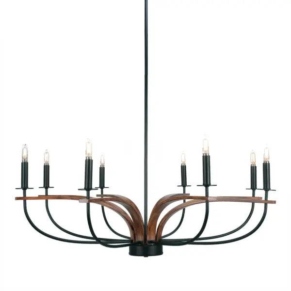 The Monterey chandelier combines matte black metal with painted wood-look accents for a perfect farmhouse-industrial aesthetic. Its 36-inch width and 8 uplights provide substantial illumination for large spaces while the adjustable hanging height offers installation flexibility.