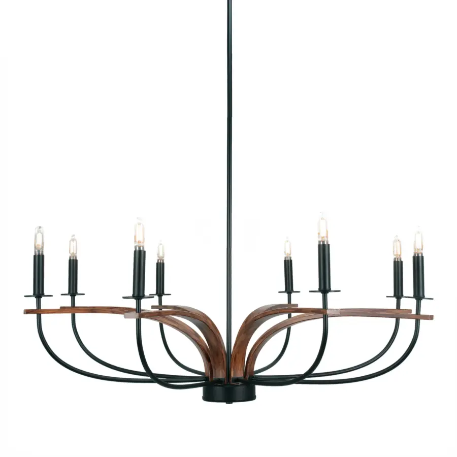 Monterey 8-Light Uplight Chandelier in Matte Black & Wood-Look - Image 1