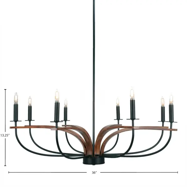 The Monterey chandelier combines matte black metal with painted wood-look accents for a perfect farmhouse-industrial aesthetic. Its 36-inch width and 8 uplights provide substantial illumination for large spaces while the adjustable hanging height offers installation flexibility. - alternate view