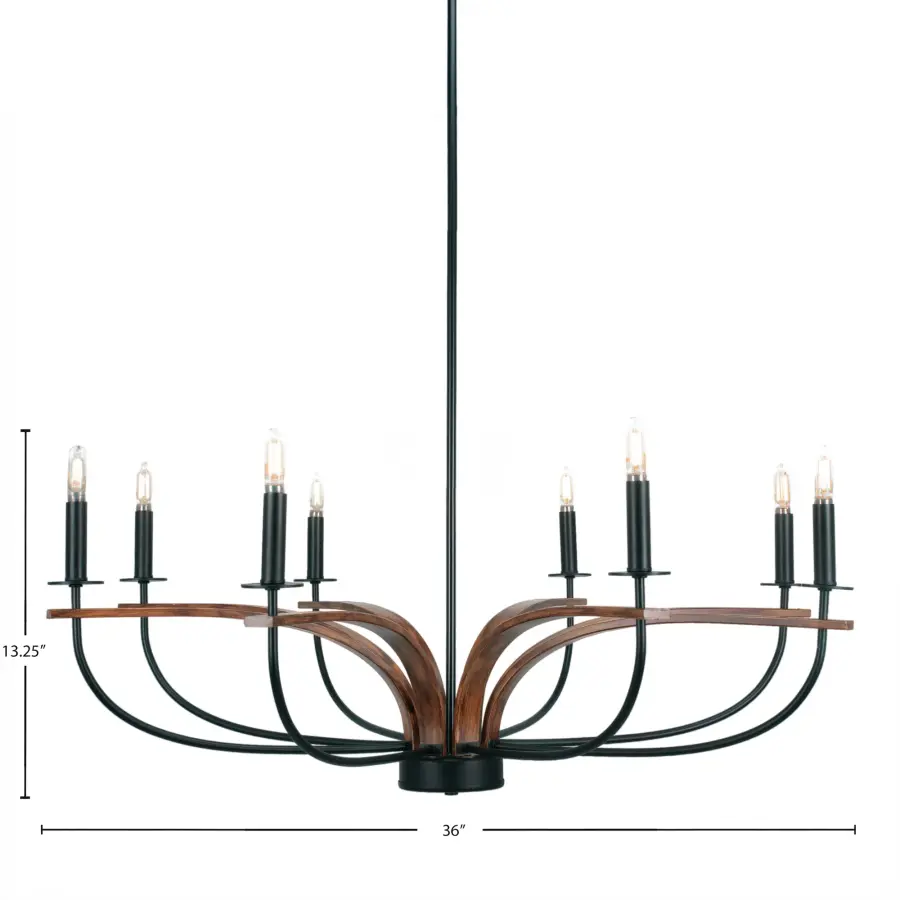 Monterey 8-Light Uplight Chandelier in Matte Black & Wood-Look - Image 2