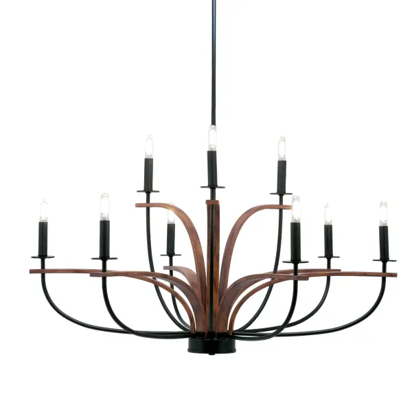 The Monterey 9-Light Chandelier makes a bold statement with its 36.5" width and distinctive matte black finish paired with painted wood-look metal. Perfect for large dining rooms and great rooms, this uplight fixture combines farmhouse warmth with industrial edge.