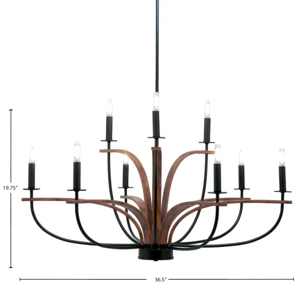 The Monterey 9-Light Chandelier makes a bold statement with its 36.5" width and distinctive matte black finish paired with painted wood-look metal. Perfect for large dining rooms and great rooms, this uplight fixture combines farmhouse warmth with industrial edge. - alternate view
