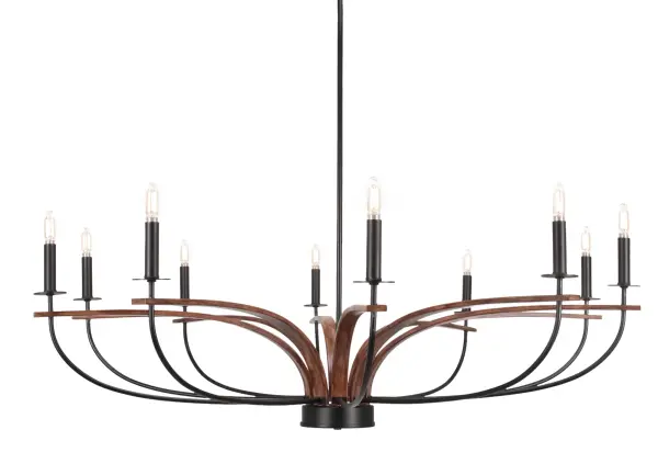 The Monterey 10-Light Chandelier combines rustic charm with industrial elegance through its matte black and painted wood-look metal finish. At 44.5 inches wide, this substantial fixture makes a bold statement in large spaces.