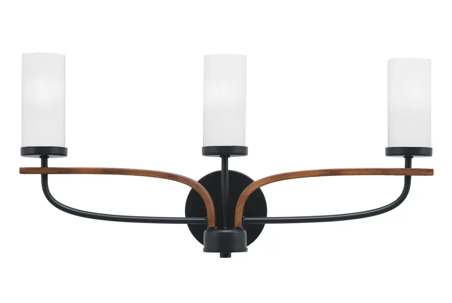 Monterey 3 Light Bath Bar in Matte Black & Wood-Look with White Marble Glass - Image 1