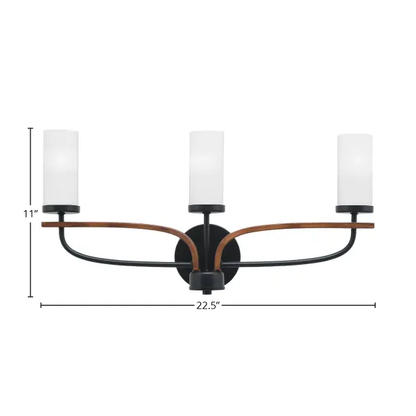 The Monterey 3 Light Bath Bar combines rustic charm with modern sophistication through its matte black and wood-look finish. White marble glass shades provide soft, flattering illumination perfect for bathroom vanities. - alternate view