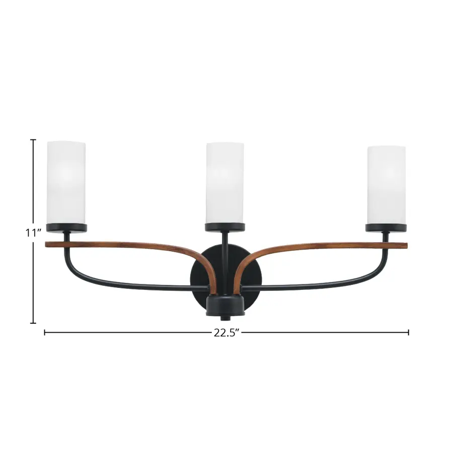Monterey 3 Light Bath Bar in Matte Black & Wood-Look with White Marble Glass - Image 2