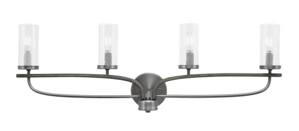 The Monterey 4 Light Bath Bar combines rustic distressed wood-look metal with graphite finish and clear bubble glass shades for a sophisticated bathroom lighting solution. At 32.25" wide, it provides ample illumination while adding character.