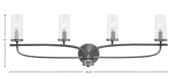The Monterey 4 Light Bath Bar combines rustic distressed wood-look metal with graphite finish and clear bubble glass shades for a sophisticated bathroom lighting solution. At 32.25" wide, it provides ample illumination while adding character. - alternate view