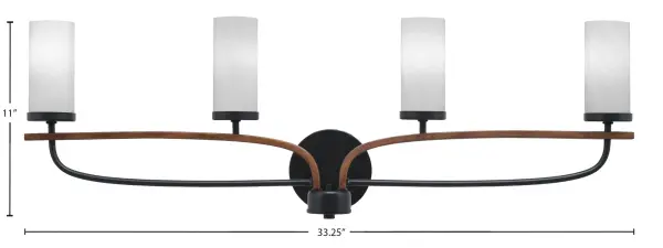 The Monterey 4 Light Bath Bar combines rustic farmhouse charm with modern sophistication. Featuring matte black finish with painted wood-look metal and elegant white marble glass shades, this 32.25" fixture provides ample illumination for vanities while adding distinctive character to bathroom spaces. - alternate view