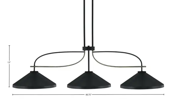 The Monterey 3-Light Bar combines rustic distressed wood-look metal with sleek matte black cone shades for a striking modern farmhouse aesthetic. Its adjustable hanging height and substantial 48.75-inch length make it perfect for kitchen islands and dining tables. - alternate view
