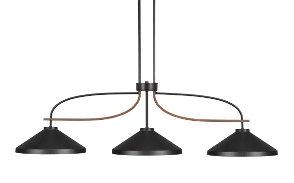 The Monterey 3-Light Island Pendant combines rustic wood-look metal with sleek matte black cone shades for a versatile fixture that works beautifully over kitchen islands and dining tables. Adjustable height and dimmable capability make it adaptable to various spaces.