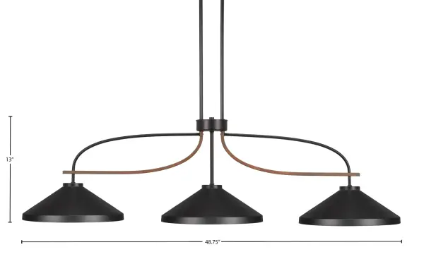 The Monterey 3-Light Island Pendant combines rustic wood-look metal with sleek matte black cone shades for a versatile fixture that works beautifully over kitchen islands and dining tables. Adjustable height and dimmable capability make it adaptable to various spaces. - alternate view