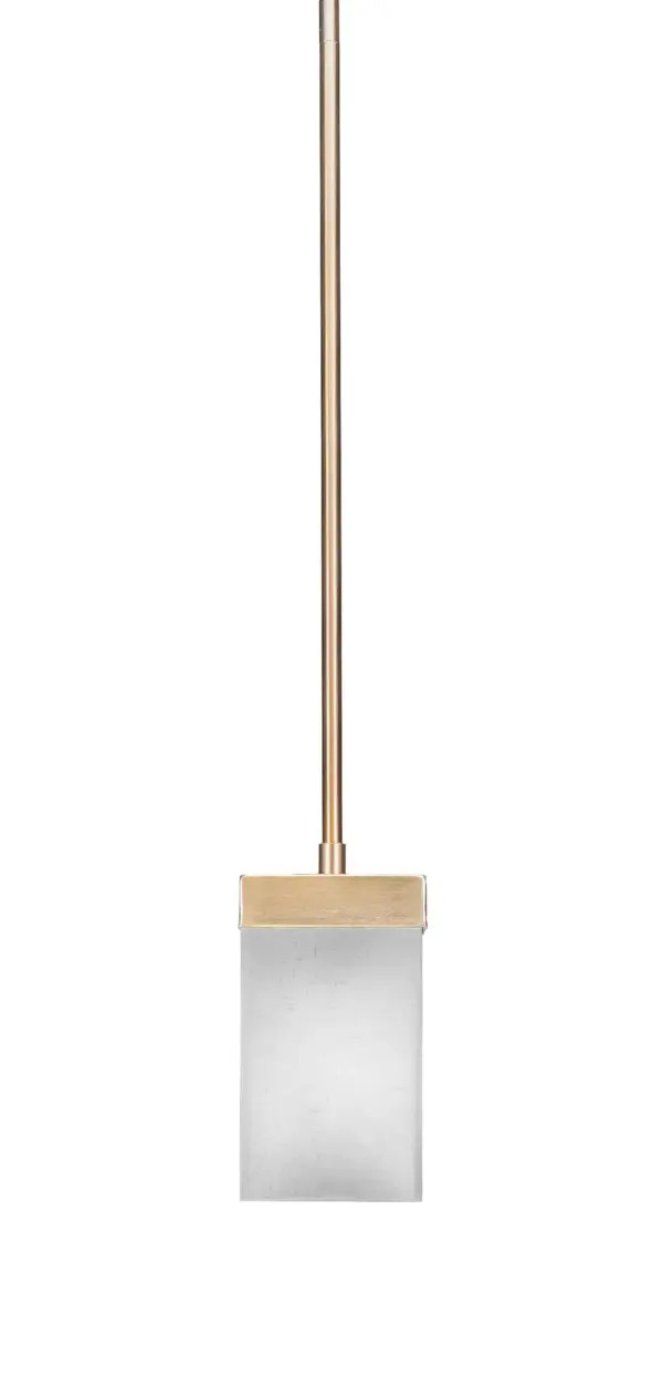 The Nouvelle Mini Pendant combines contemporary brass styling with soft white muslin glass in a compact 4-inch square design. Its adjustable stem height and dimmable capability make it versatile for various applications.