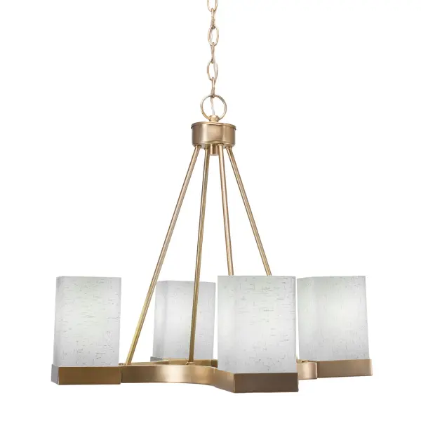 The Nouvelle 4-Light Chandelier combines contemporary design with warm brass tones and soft white muslin glass for an inviting glow. Its uplight design and adjustable height make it versatile for various ceiling heights and room sizes.