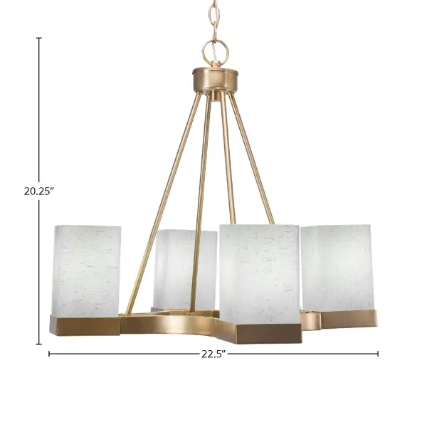 The Nouvelle 4-Light Chandelier combines contemporary design with warm brass tones and soft white muslin glass for an inviting glow. Its uplight design and adjustable height make it versatile for various ceiling heights and room sizes. - alternate view