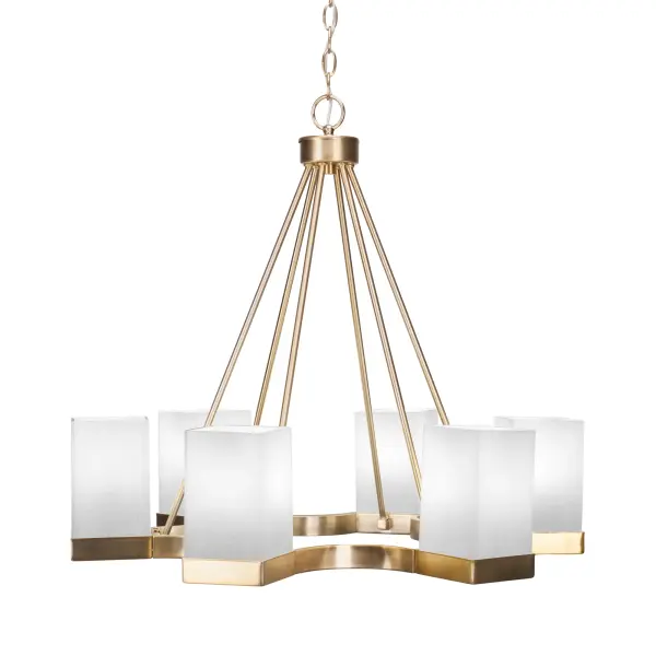 The Nouvelle 4-Light Chandelier combines modern design with timeless charm, featuring a beautiful New Age Brass finish and square white muslin glass shades that create a soft, ambient glow perfect for both traditional and contemporary spaces.