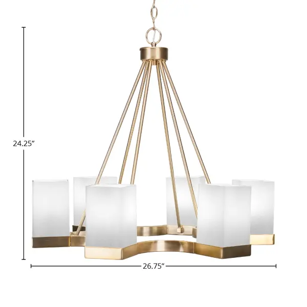 The Nouvelle 4-Light Chandelier combines modern design with timeless charm, featuring a beautiful New Age Brass finish and square white muslin glass shades that create a soft, ambient glow perfect for both traditional and contemporary spaces. - alternate view
