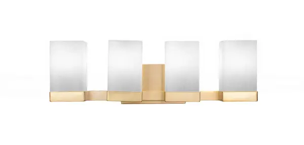 The Nouvelle 4 Light Bath Bar combines modern elegance with practical functionality. Its New Age Brass finish and square white muslin glass shades create soft, inviting illumination perfect for bathroom vanities.