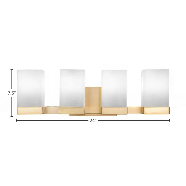 The Nouvelle 4 Light Bath Bar combines modern elegance with practical functionality. Its New Age Brass finish and square white muslin glass shades create soft, inviting illumination perfect for bathroom vanities. - alternate view