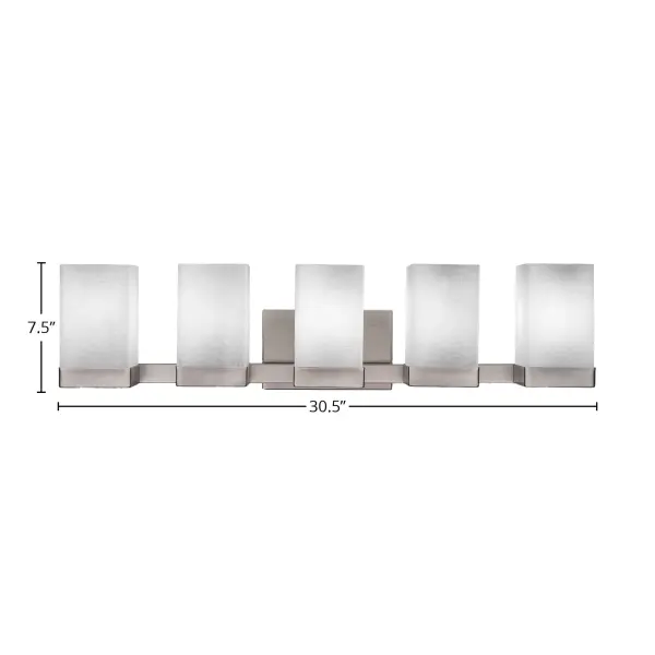 The Nouvelle 5 Light Bath Bar combines contemporary styling with practical illumination. Its graphite finish and white muslin glass shades create a warm, inviting atmosphere perfect for modern bathrooms. - alternate view
