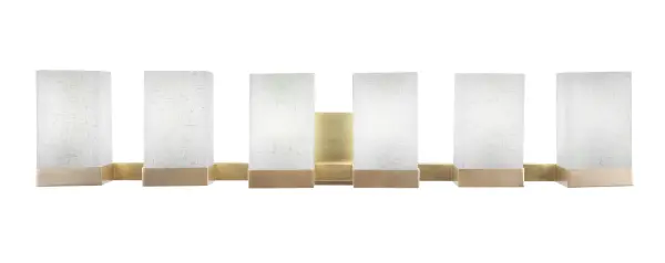 The Nouvelle 6 Light Bath Bar combines modern sophistication with timeless brass elegance. Its 37-inch span provides ample illumination for larger vanities, while the white muslin glass creates a soft, flattering glow perfect for grooming tasks.