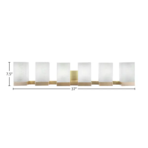 The Nouvelle 6 Light Bath Bar combines modern sophistication with timeless brass elegance. Its 37-inch span provides ample illumination for larger vanities, while the white muslin glass creates a soft, flattering glow perfect for grooming tasks. - alternate view