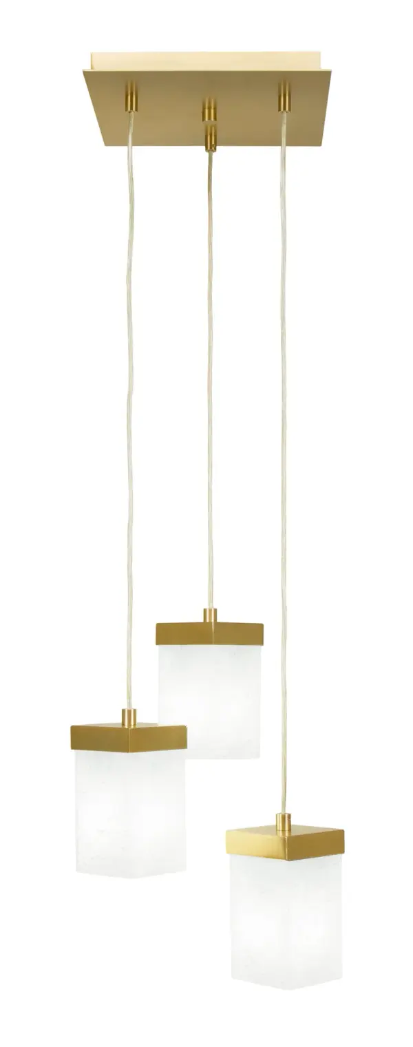 The Nouvelle 3-Light Cluster Pendant combines contemporary style with warm brass tones and soft white muslin glass. Its compact 13.75-inch width makes it ideal for smaller spaces while the adjustable cord height offers versatile installation options.