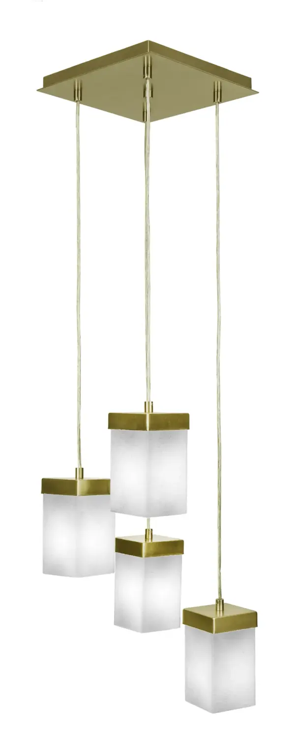 The Nouvelle 4-Light Cluster Pendant combines contemporary design with practical versatility. Its New Age Brass finish and white muslin glass shades create warm, inviting illumination perfect for intimate dining spaces or kitchen islands.