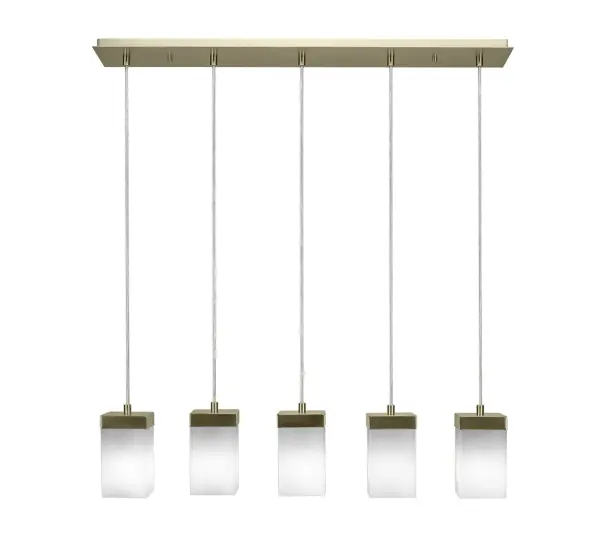 The Nouvelle 5-Light Linear Pendant combines contemporary design with warm brass tones and elegant white muslin glass shades. Perfect for dining areas and kitchen islands, offering adjustable height and soft, diffused lighting.