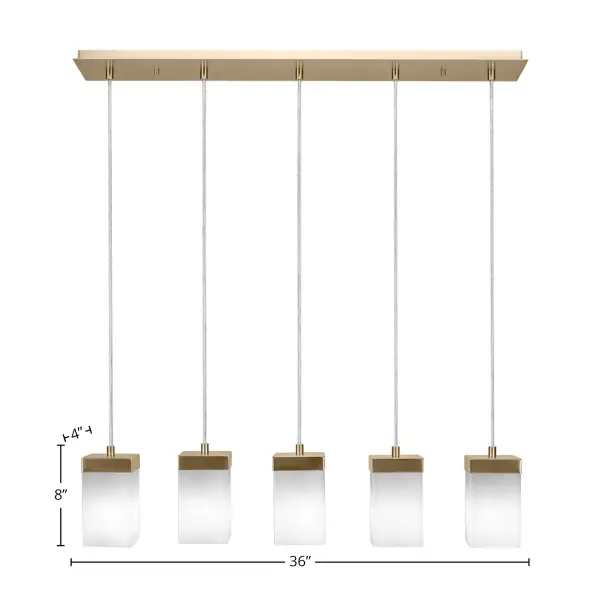 The Nouvelle 5-Light Linear Pendant combines contemporary design with warm brass tones and elegant white muslin glass shades. Perfect for dining areas and kitchen islands, offering adjustable height and soft, diffused lighting. - alternate view