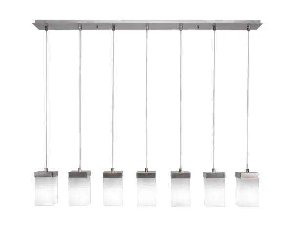 The Nouvelle Linear Pendalier combines contemporary design with practical functionality. Its 48-inch span and seven evenly-spaced lights provide excellent illumination for dining tables and kitchen islands, while the graphite finish and white muslin glass shades create a sophisticated, modern aesthetic.