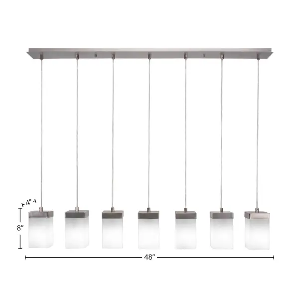 The Nouvelle Linear Pendalier combines contemporary design with practical functionality. Its 48-inch span and seven evenly-spaced lights provide excellent illumination for dining tables and kitchen islands, while the graphite finish and white muslin glass shades create a sophisticated, modern aesthetic. - alternate view