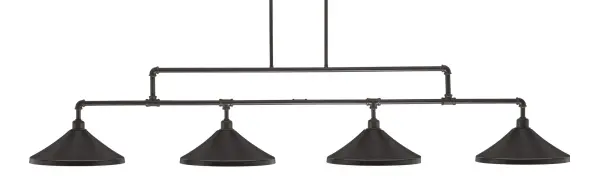 This striking 4-light island chandelier combines industrial design with vintage appeal, featuring dark granite cone shades that direct warm light downward. Perfect for kitchen islands and dining areas, its 77.75-inch length makes a bold statement.