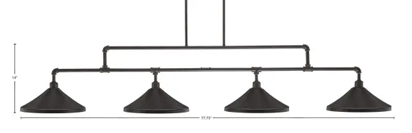 This striking 4-light island chandelier combines industrial design with vintage appeal, featuring dark granite cone shades that direct warm light downward. Perfect for kitchen islands and dining areas, its 77.75-inch length makes a bold statement. - alternate view