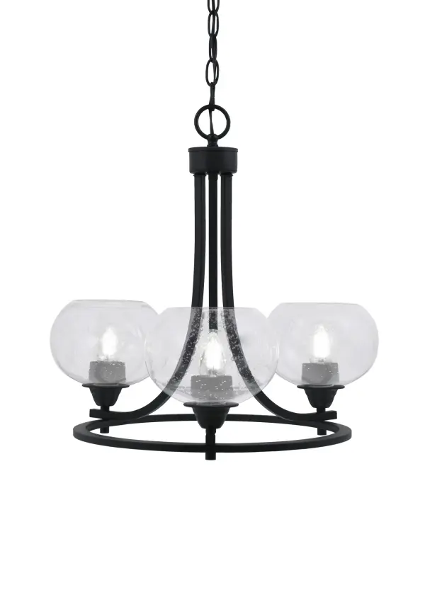 The Paramount 3-Light Chandelier combines sleek matte black finish with distinctive clear bubble glass shades, creating a stunning focal point. Its adjustable height and sloped ceiling compatibility make it versatile for various spaces.