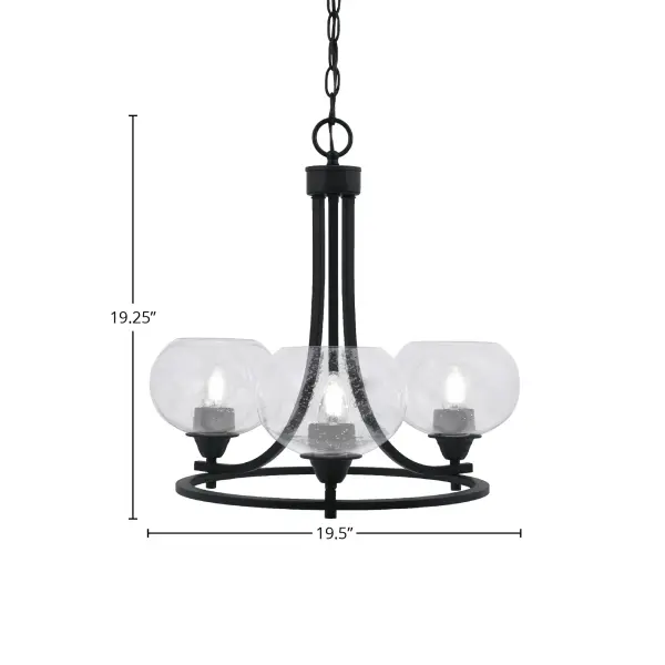 The Paramount 3-Light Chandelier combines sleek matte black finish with distinctive clear bubble glass shades, creating a stunning focal point. Its adjustable height and sloped ceiling compatibility make it versatile for various spaces. - alternate view