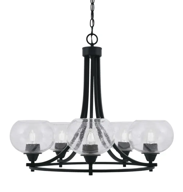 The Paramount chandelier combines contemporary matte black finish with distinctive clear bubble glass shades, creating visual interest and ample illumination. Its 25-inch width makes it perfect for medium-sized spaces.