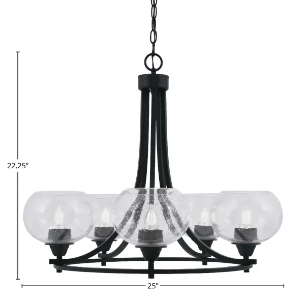 The Paramount chandelier combines contemporary matte black finish with distinctive clear bubble glass shades, creating visual interest and ample illumination. Its 25-inch width makes it perfect for medium-sized spaces. - alternate view
